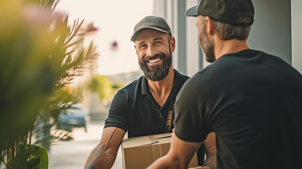 delivery-man-with-black-polo-shirt-gives-package-customer-from-back-with-smile