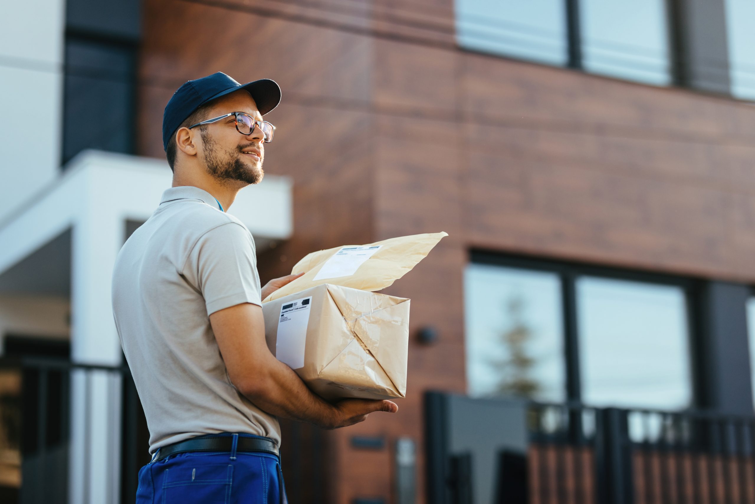 Young delivery man carrying packages while walking through resid